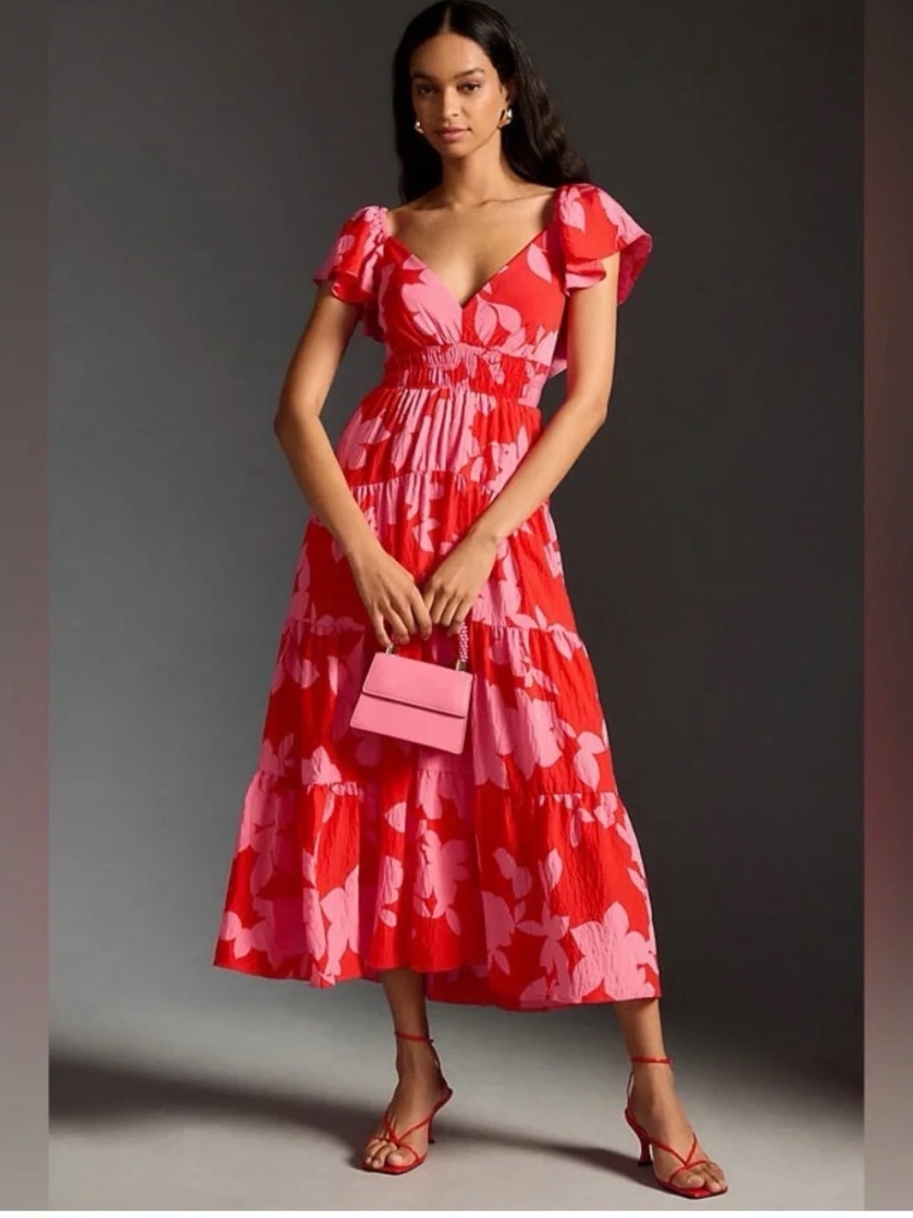 Anthropologie Red Pink Floral Maxi Dress Flutter Sleeve Smocked Size S